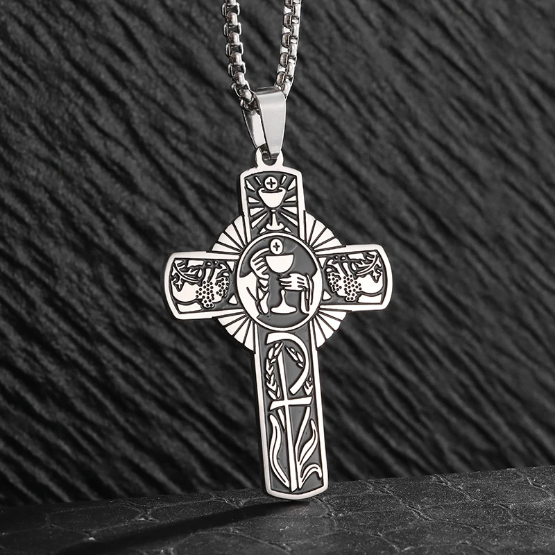 Exquisite Stainless Steel Christian Eucharistic Halo Cross Pendant Necklace for Men Women Catholic Holy Spirit Church Jewelry