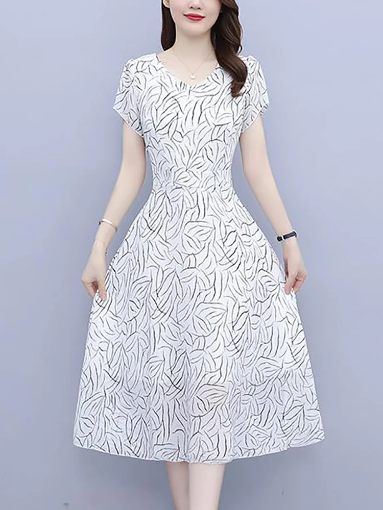 2024 White Print Chiffon Party Dress for Women Short Sleeve V-Neck Casual Long Dress Summer Elegant Bodycon Chic Prom Midi Dress