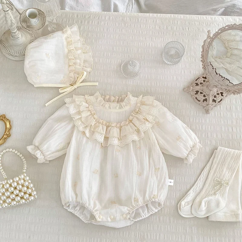 

2026 New Spring 0-24M Baby Girl Clothing Newborn Baby Girls Bodysuits Long Sleeved Cotton Lace Splicing Infant Baby Jumpsuit