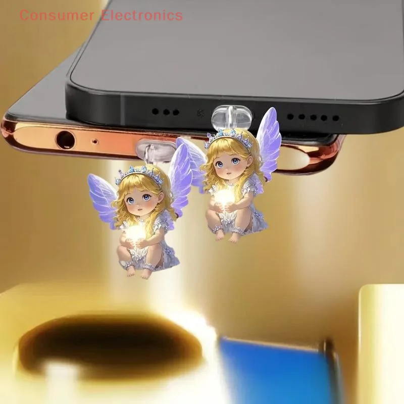 Pack of 2, Adorable Angel Fairy Cat Dust Plugs for Phones with Type-C Interface, DIY Accessory