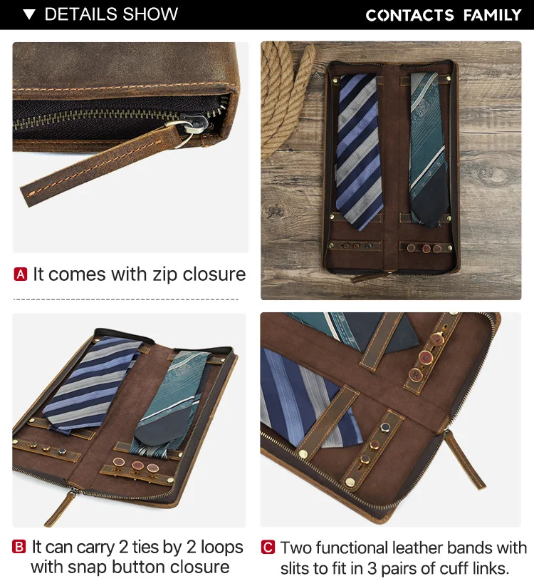 Handmade 100% Cow Leather 2 Slots Ties and Cuff Links Holder Travel Portable Organizer Display Cufflinks Storage Gift Box Case