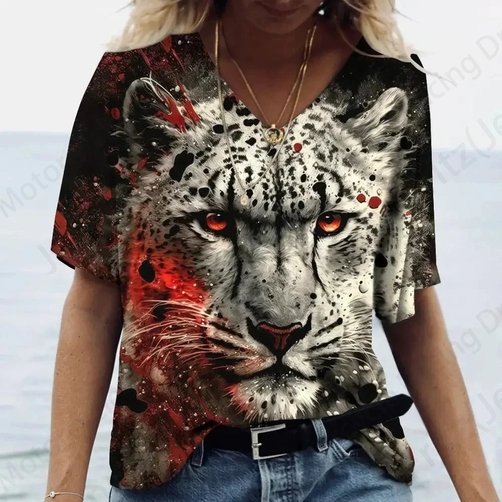 Summer Vintage Women T-shirts 3d Animal Tiger Print Tshirt Women Fashion T-shirt V-Neck Oversized T Shirt Women\'s Clothing Anime