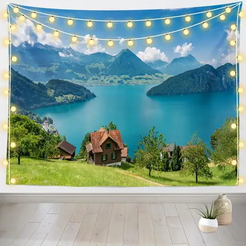Mountains Lake Tapestry Green Alps and Lake Lucerne Switzerland Natural Scenery Wall Hanging Tapestry for Europe Travel Wedding
