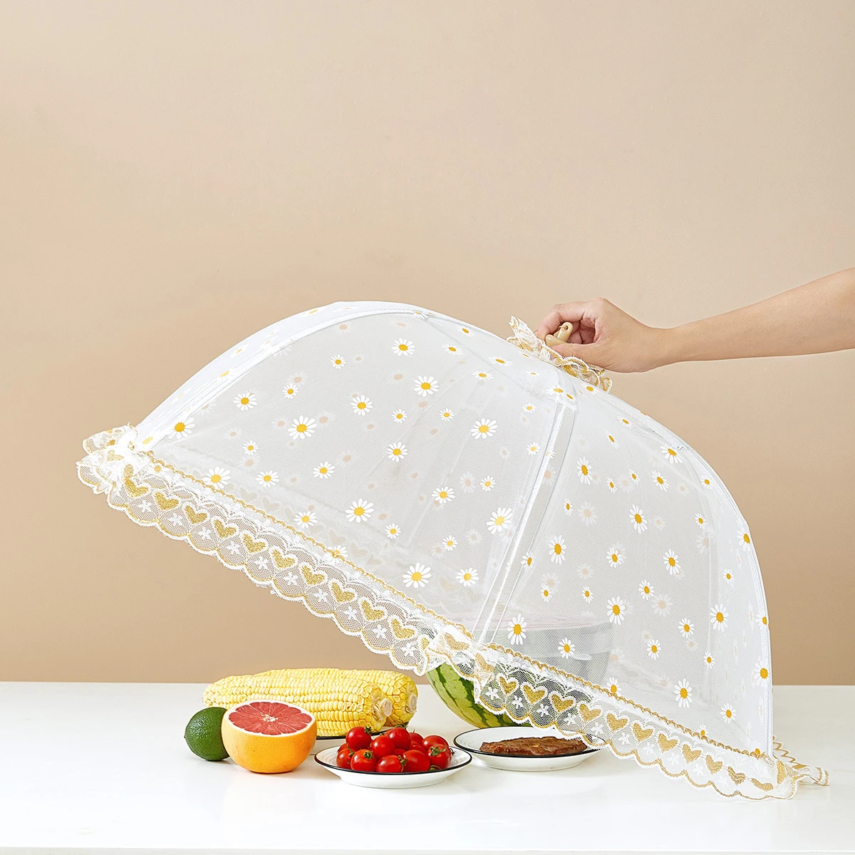 Foldable Daisy Printed Table Food Cover Lace Design Breathable Anti Fly Mosquito Meal Cover Umbrella Style Kitchen Tools ZB831