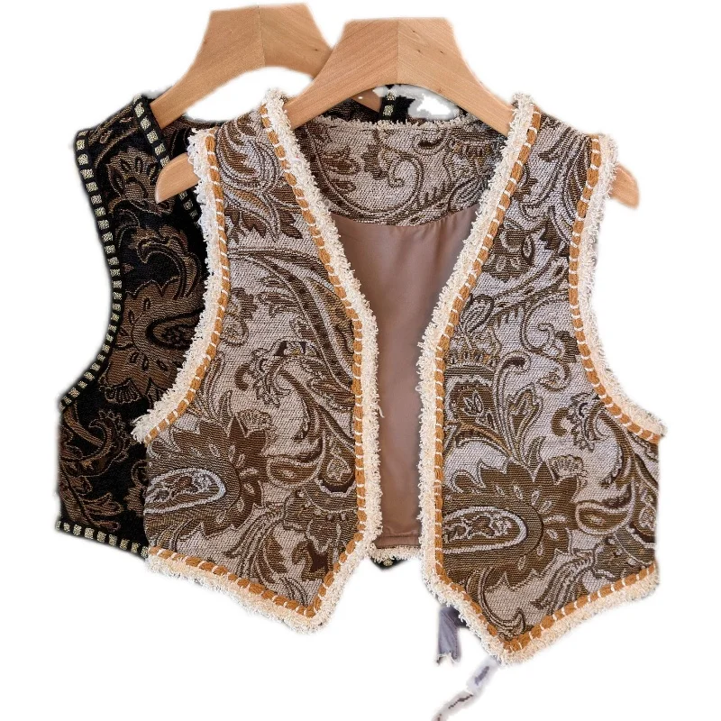 เสื้อกั๊กผู้หญิงทรงวี คอวี ลายดอกไม้ สไตล์เรโทร ทูโทน ลายชนเผ่า  ทรงเข้ารูปเล็ก  แบบเสื้อกล้าม