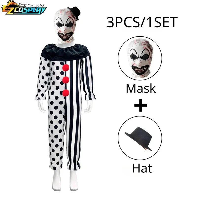 جديد 2025 مجموعة أزياء الأطفال ملابس الهالوين التأثيرية البولكا نقطة مخطط بذلة الفن قناع المهرج ارتداءها لجميع القديسين ★ ★ ★   جيه.