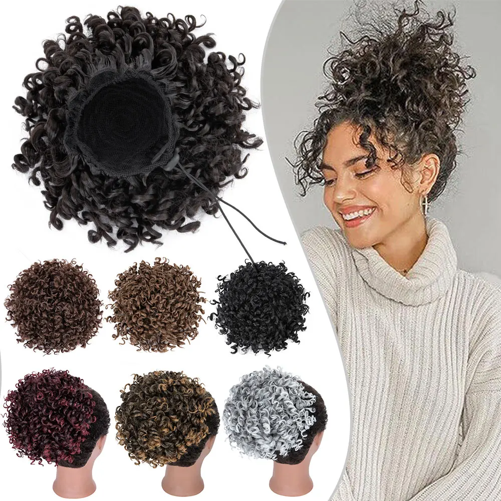 Snoilite Synthetic Curly Hair Buns Hair Piece Clip In Tousled Updo Large Curly Drawstring Ponytail Afro Hair Bun Ponytail Black