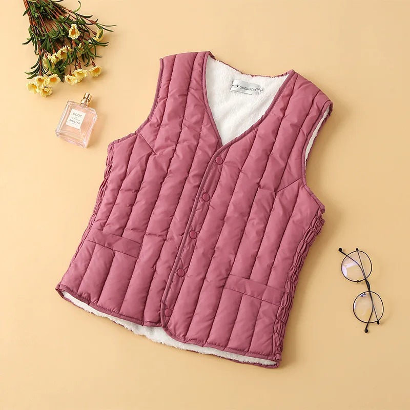 Herfst En Winter Effen Kleur Mode Fleece Warm Vest Dames Single Breasted V-Hals Mouwloze Jas