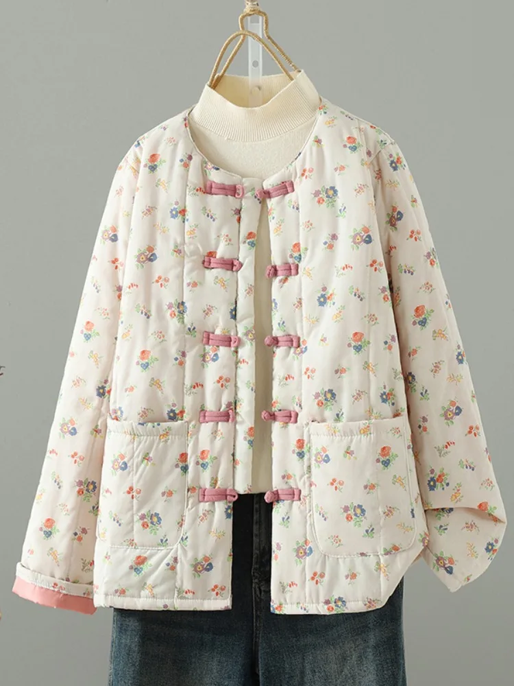 Thickened Cotton Floral Print Home Clothes Women's Winter Outerwear Large Size Buttoned Sleeveless Coat Warm Casual Style