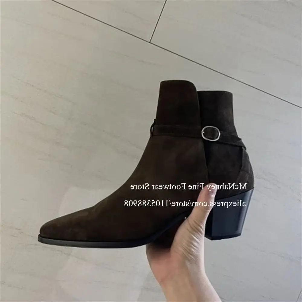 Luxury Black Suede Buckle Strap Men Chealsea Boots Pointed Toe Mid Heel Ankle Boots Gentleman Business Formal Shoes Dailywear