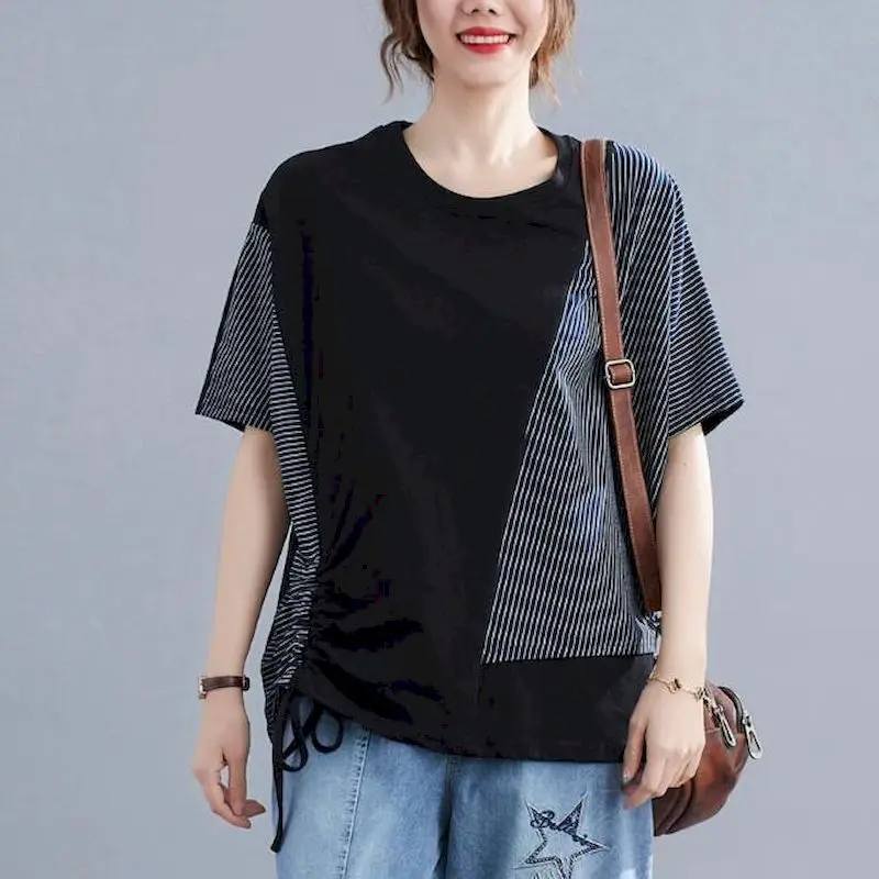 98% Cotton T Shirt Women Fashion Irregular Striped Patchwork T-shirt Side Wrinkled Short Sleeve Oversize Top Summer Trend Tshirt