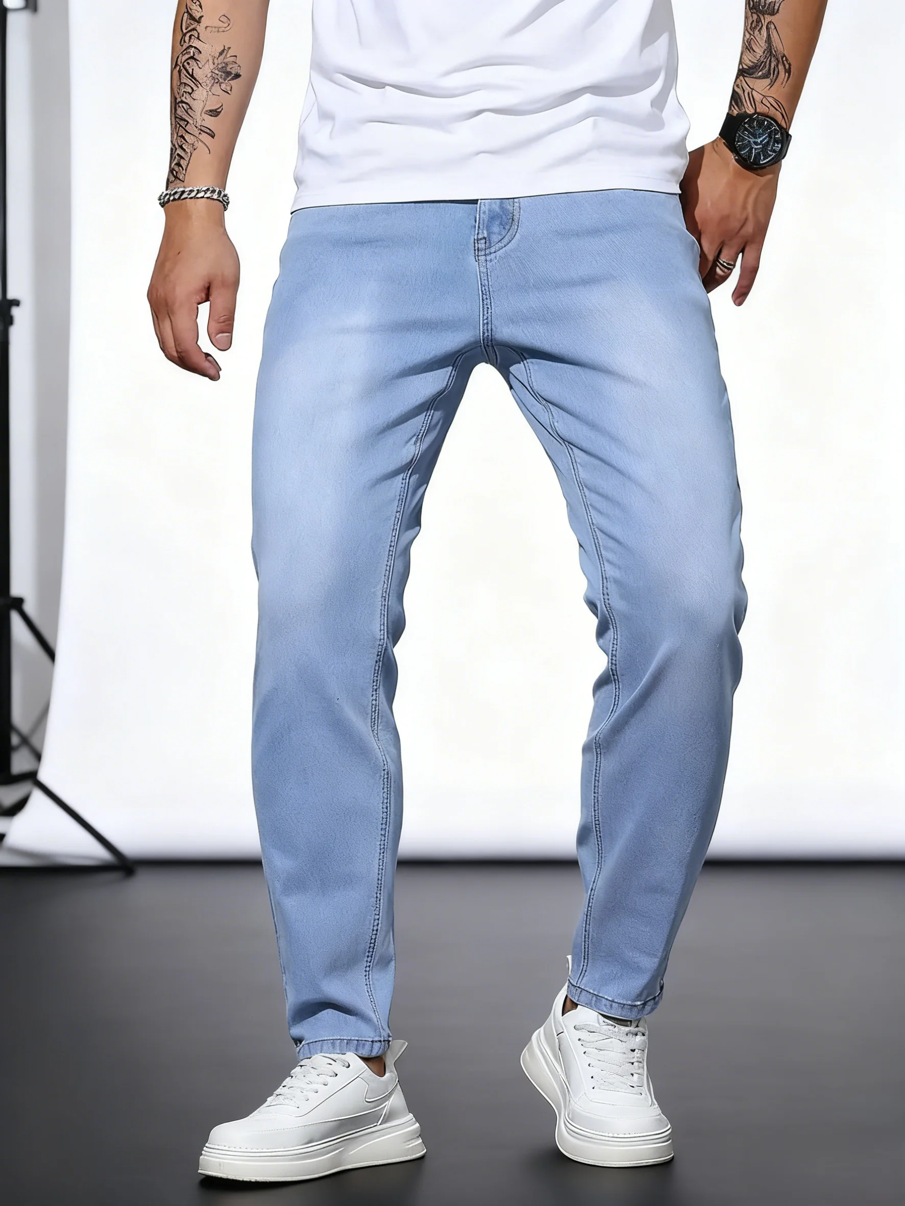 

Мужские узкие джинсы Небесно-голубые потертые мужские повседневные брюки классического кроя для повседневного стиля