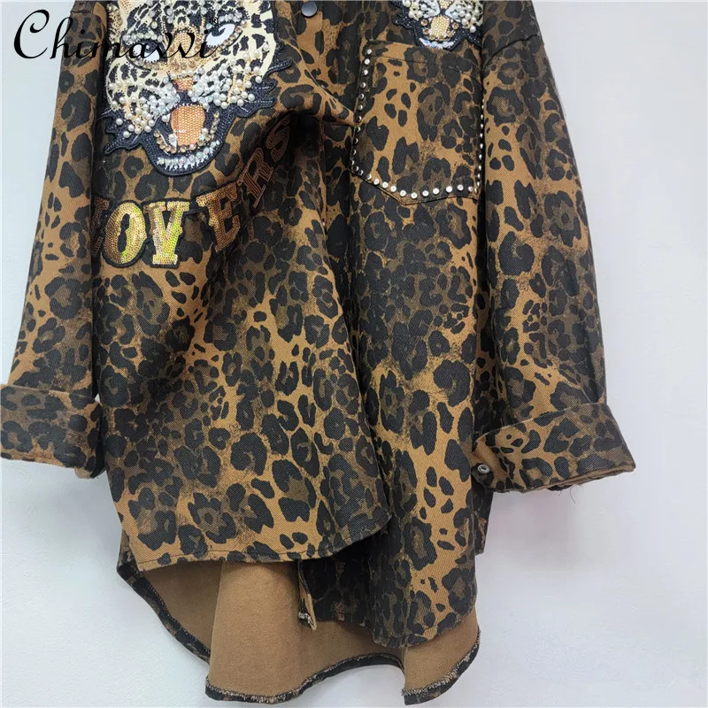 2025 Autumn New Heavy Leopard Print Beaded Retro Loose Shirt Fashion Long-sleeved Shirt Casual Versatile Streetwear Shirt Jacket