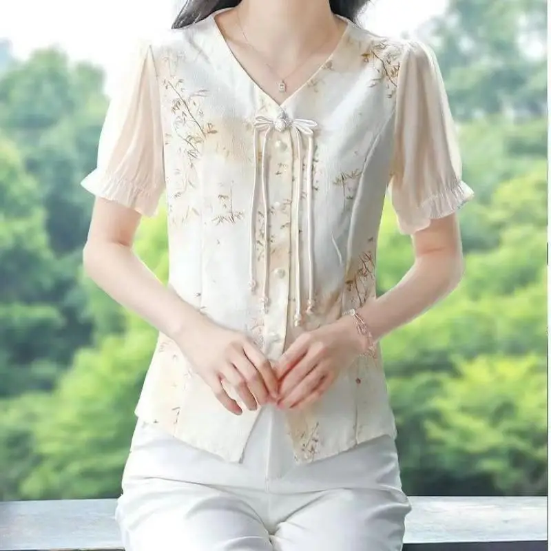 Elegant Fashion Spliced Blouse Women\'s Clothing Summer Female V Neck All-match Short Sleeve Printing Shirt