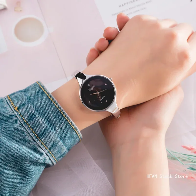 Jam tangan gelang wanita minimalis jam tangan perempuan wanita bundar kasual modis jam tangan kuarsa baja tahan karat emas Reloj Mujer