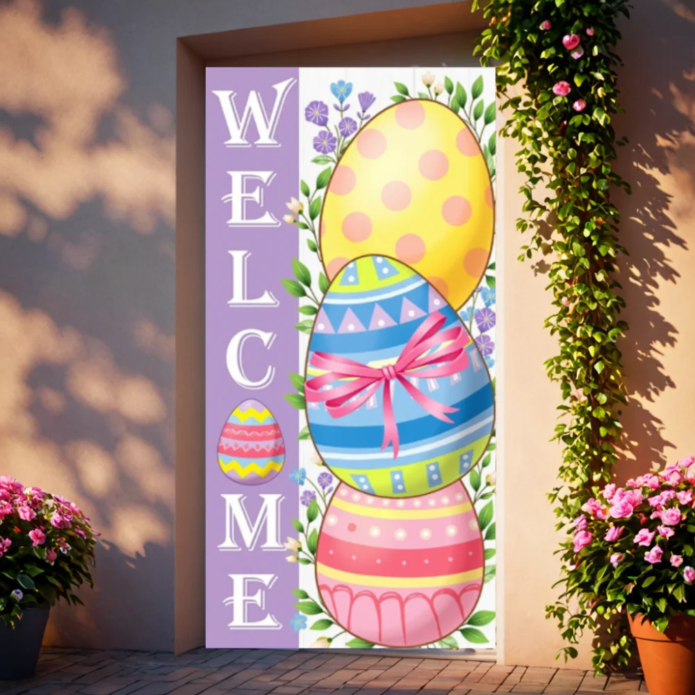 2025 Easter Decorations Welcome Easter Egg Background Door Cover Colorful Easter Party Photo Photography Props Outdoor Decors