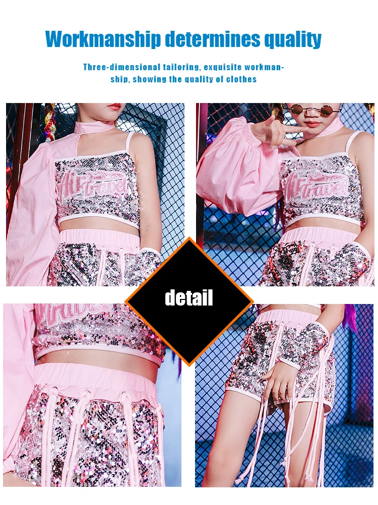 Style Dace Wear Teen Street Shiny Cool Clothes for Children Jazz Dance Hip-hop Costume Urban Dance Girl Clothes Pink Sequin