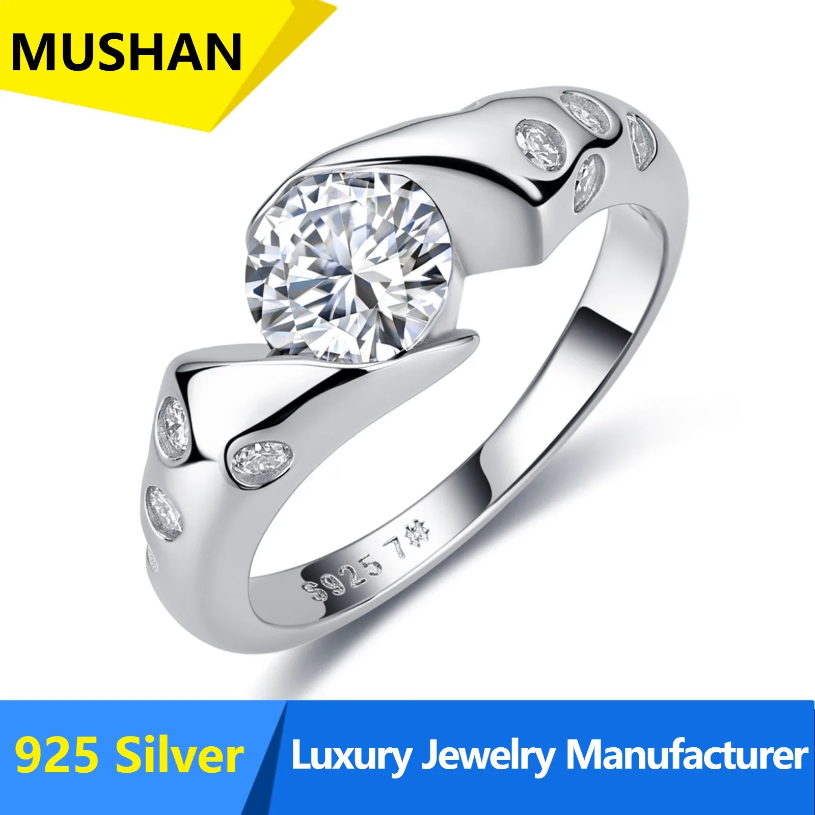 MUSHAN Luxury S925 Sterling Silver 1 Carat Mozambican Glossy Silver Ring Women's Cross-border Closed Ring Spot Wholesale