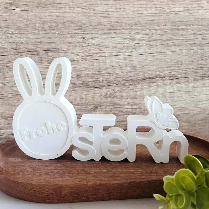 Easter Bunny Letter Decoration Silicone Mold Alphabet FROHE OSTERN Rabbit Ornament Casting Mold Happy Easter Cement Plaster Mold