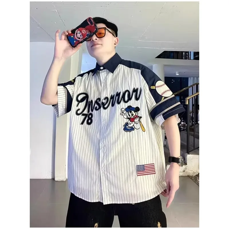 

Summer Large Size 300 Pounds Cartoon Embroidery Patchwork Stripe Short Sleeve Men's Baseball Shirt Couple's Top Quality Polye...