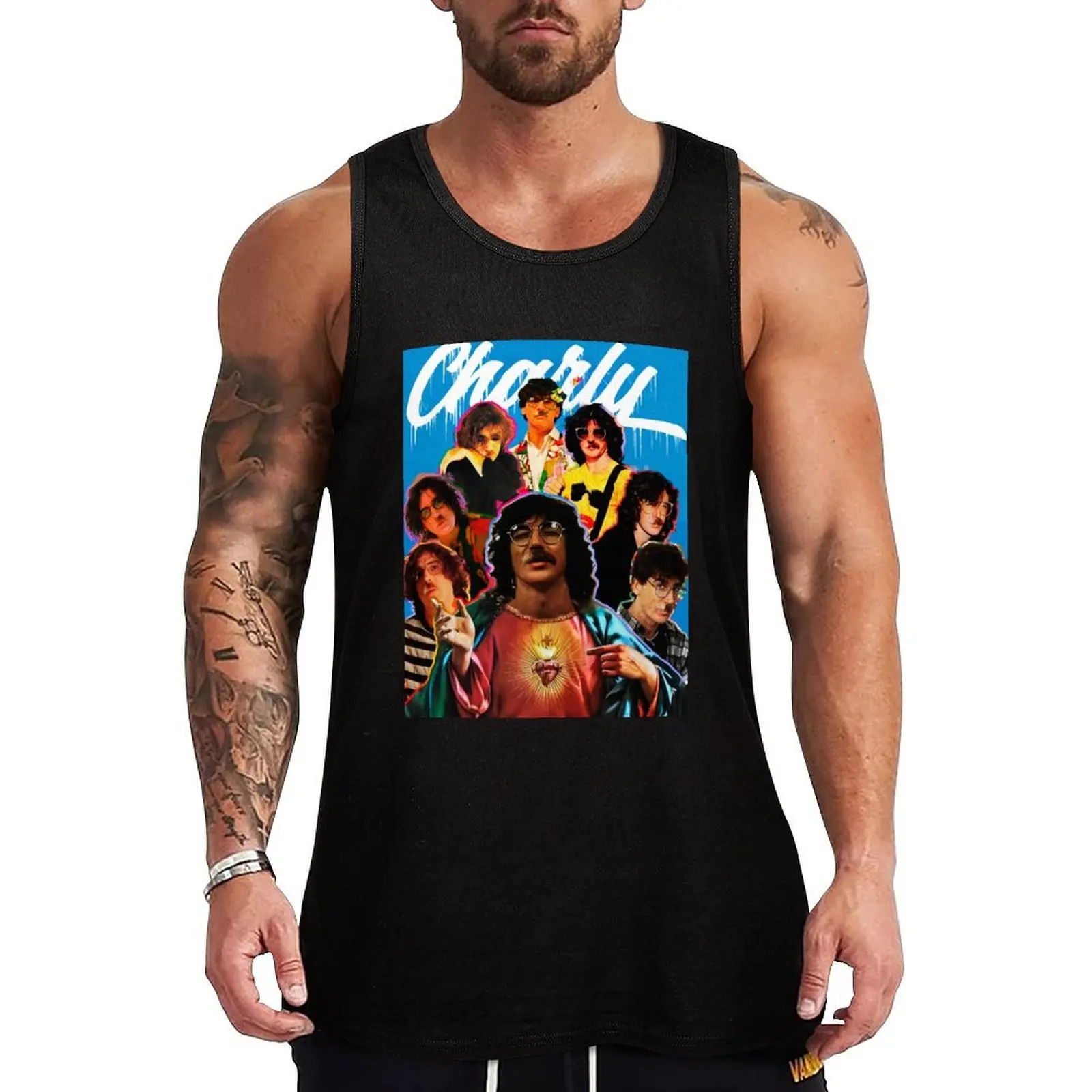 Camiseta sin mangas azul Charly Garcia Collage, camiseta sin mangas para gimnasio, camiseta ligera de secado rápido