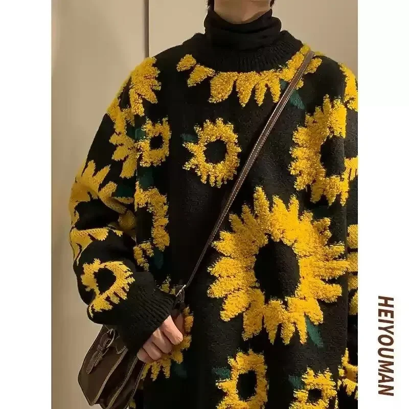 Autumn Winter Japanese Vintage Sunflower Flocking Idle Style Sweater For Men And Women Hip Hop Trendy Brand Couple Long Sleeve K