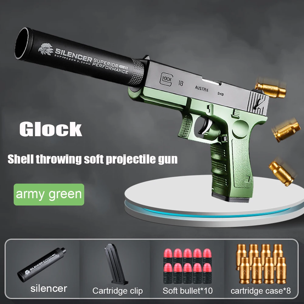 Shell Ejection Toy Pistol Soft Bullet Guns Shell Ejected Foam Darts Blaster Manual Airsoft Weapon with Silencer For Kids Adults