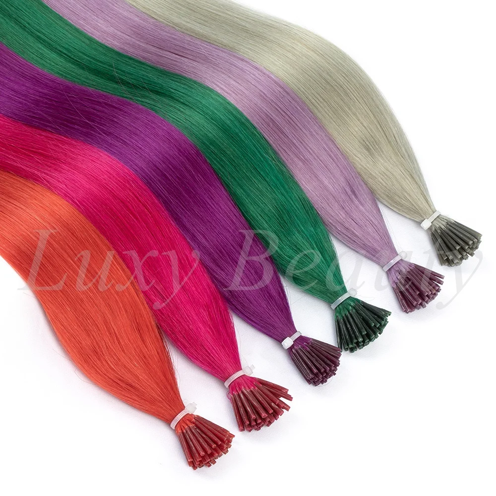 Colored Green I Tip Human Hair Extensions Straight Microlink Micro Ring Hair Extensions Pink Purple Blue Micro Bead Human Hair