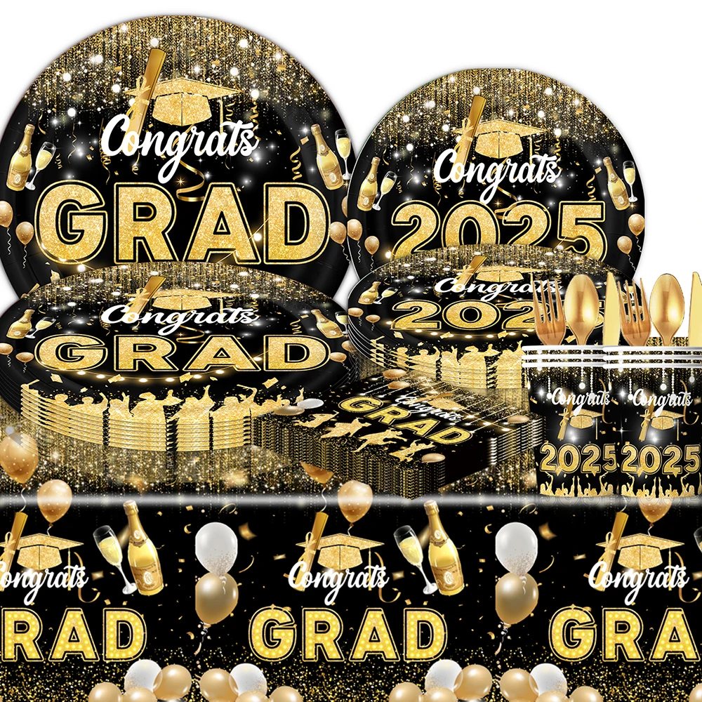 2025 Graduation Theme Graduation Ceremony Party Decor Disposable Black& Gold Glitter Paper Cups Banners Plates Napkin