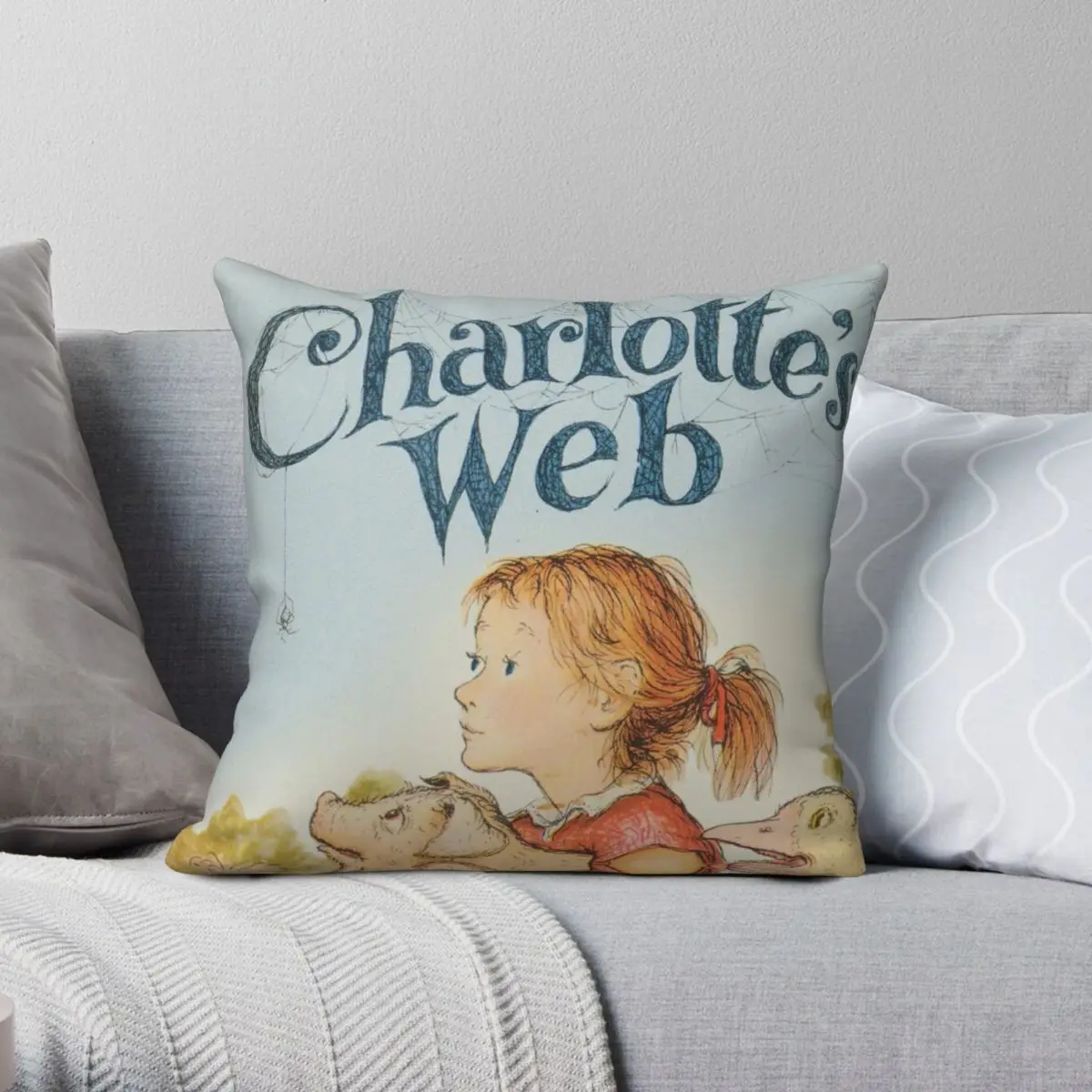 Web E de Charlotte B. Funda de almohada cuadrada blanca, cubierta de cojín de cama de poliéster, lino, terciopelo, estampado con cremallera decorativa