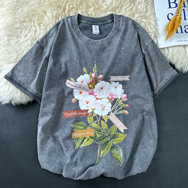 Vintage Flowers Graphic Print T-shirt Gothic Men Tshirts Washed Short Sleeved Man Tops Round Neck General Tee