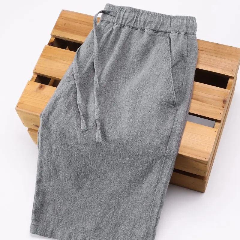 

Lightweight Summer Grey Linen Men's Cotton Linen Color Loose Breathable Elastic Waist Drawstring Straight Five-Quarter ...