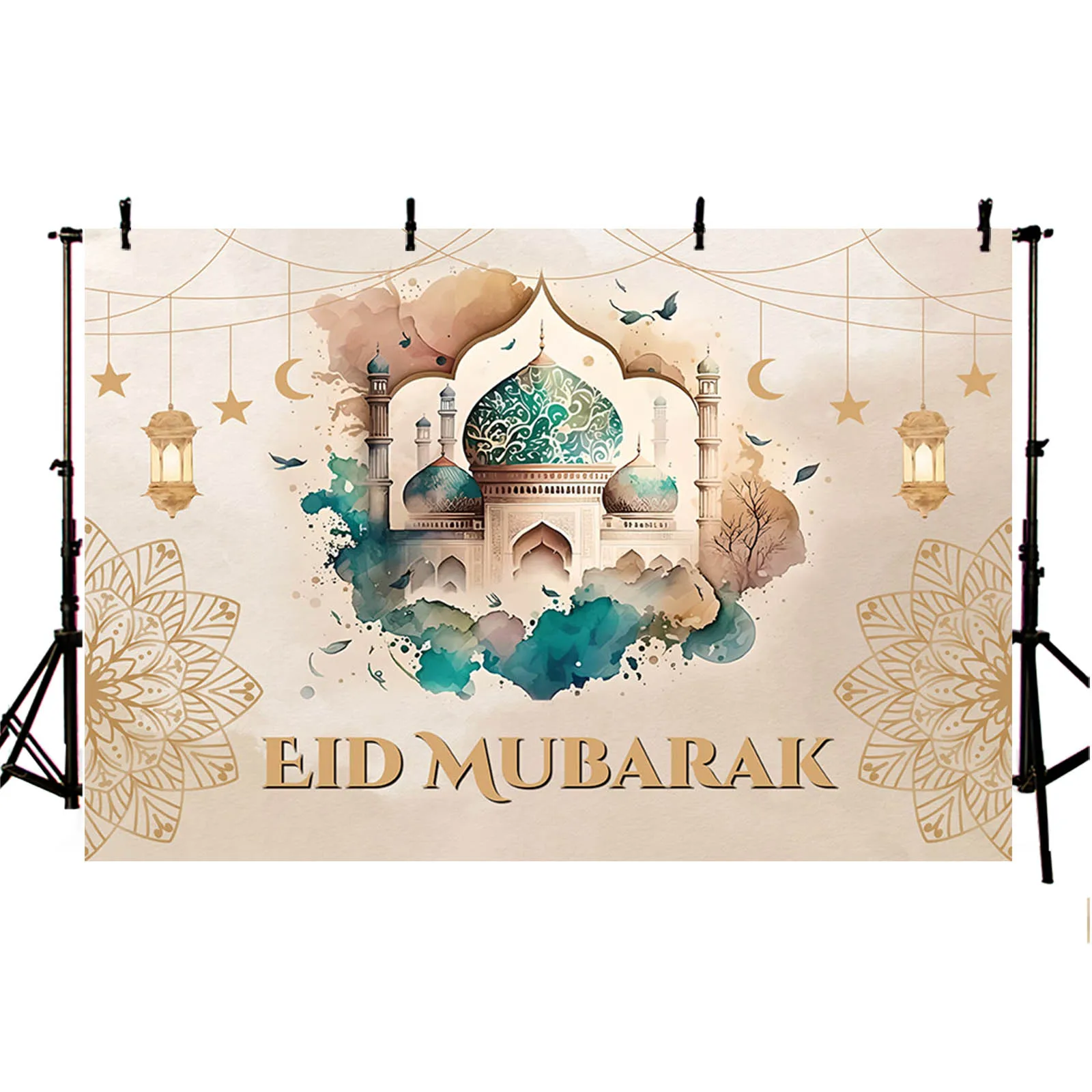 Eid Mubarak 사진 배경 꽃 달 모스크 랜턴, 라마단 아라비안 나이트, Eid al-Fitr 배경, 레트로 파티 장식