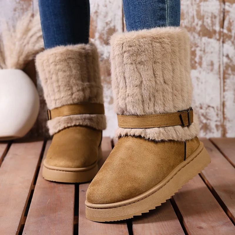 

Хлопковые ботинки на платформе с пряжкой на ремне, новые зимние теплые короткие зимние ботинки с замшевыми рукавами и круглым носком