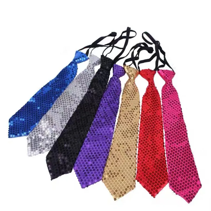 HUISHI Unisex Shinning Sequins Zipper Fake Tie Mens Women Stage Performance Party Paillette Tie Fashion Easy Lazy Tie