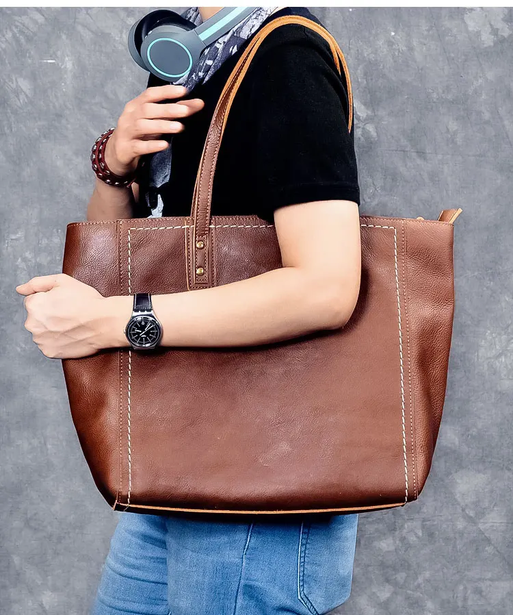 New Men's Handbags Leather Horizontal Shopping Tote Bag Retro Leather Male Large Capacity Shoulder Bag Men Computer Bags Vintage