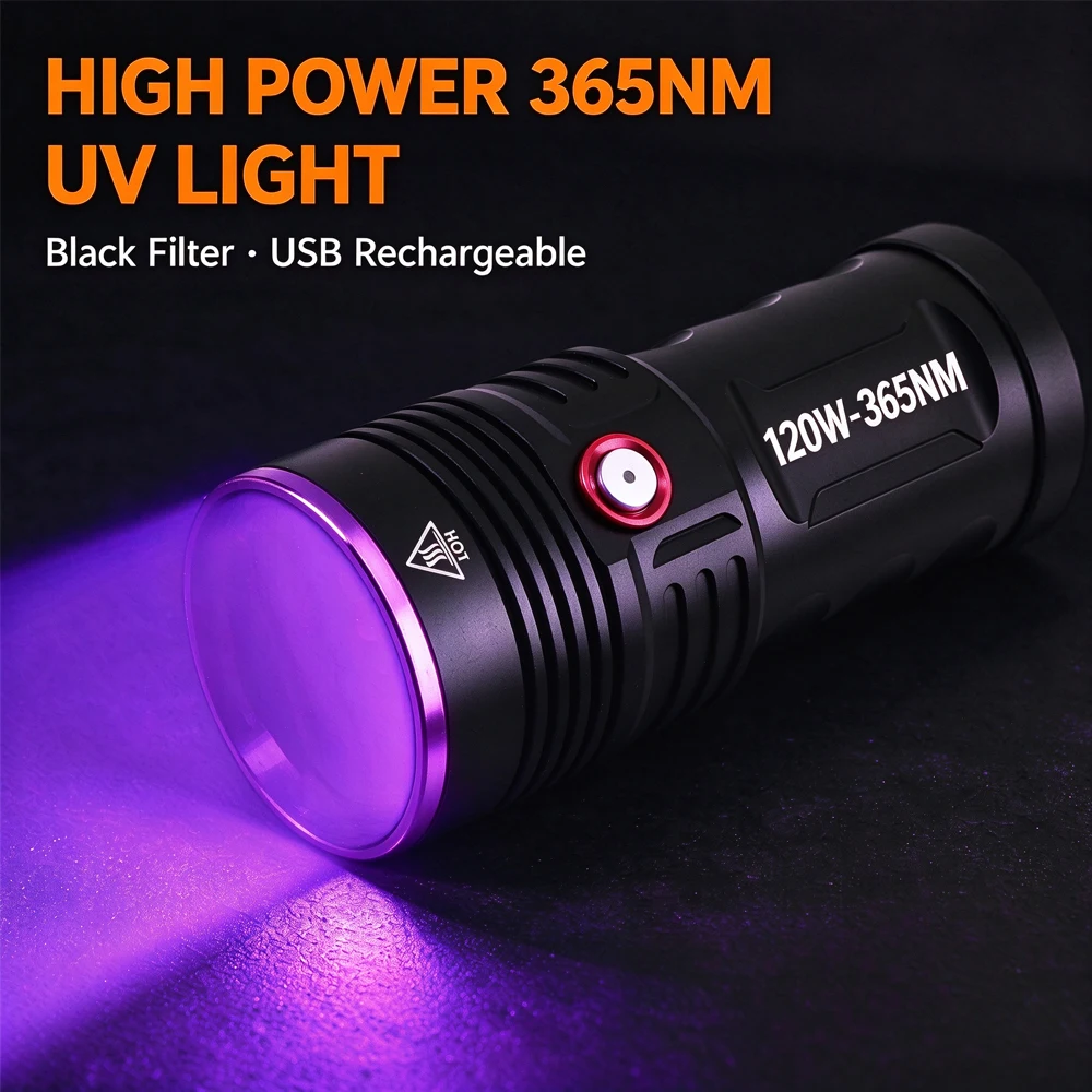 High Power 365nm UV Flashlight 120W LED Black Mirror Purple Light Ultraviolet Torch Pet Urine Stains Detector USB Rechargeable