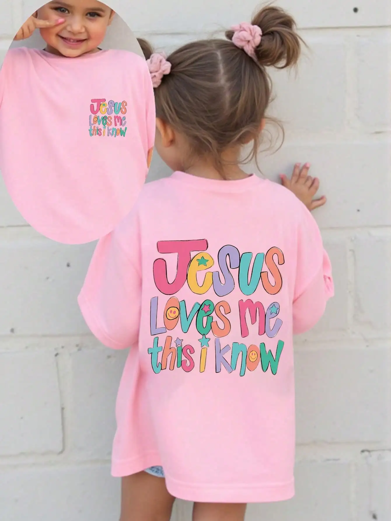 

Pink Loose Fit Crew Neck Tee with Colorful Slogan Print for Girls