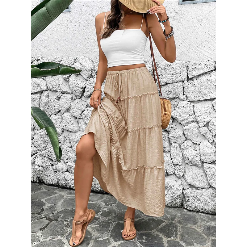 

Women's Summer Boho Maxi Skirt Flowy Ruffle A-Line Elastic High Waist Pleated Tiered Beach Long Skirts