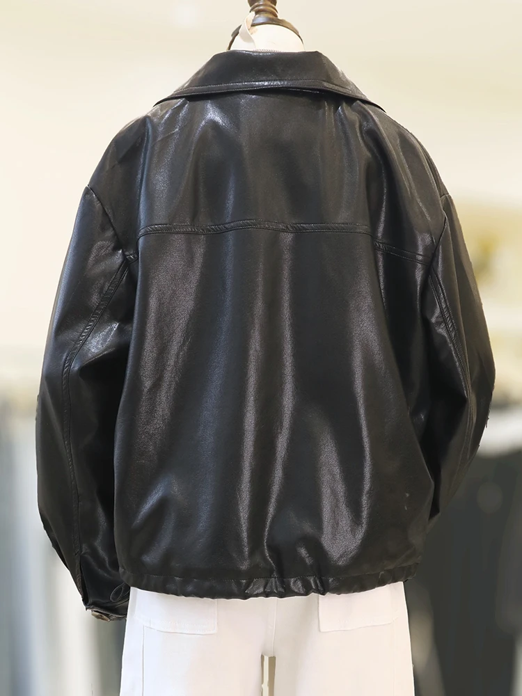 Zaw معطف نسائي كبير الحجم من الجلد Bla Jaet ربيعي جديد فضفاض أمريكي Sle للدراجات النارية من البولي يوريثان طويل بياقة قلابة