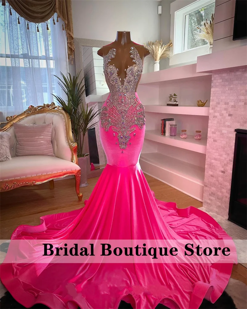 Glitter Diamonds Fuchsia Prom Dress For Black Girls Velvet Beaded Crystal Evening Gown Birthday Party Dresses Customized