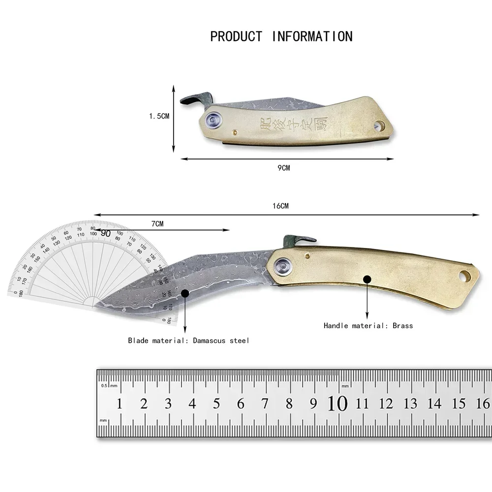 Hot Selling Folding Knife Damascus Mini Portable Self-defense Tactical Copper Handle Manual Knife Portable Fishing Outdoor Tool
