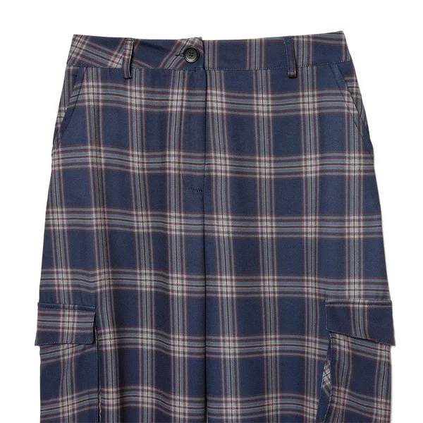 ハイウエストチェック柄ランタンワークパンツレディースストリートスレパンツ、ケット装飾付きルーズフィットロングパンツカジュアルウェア