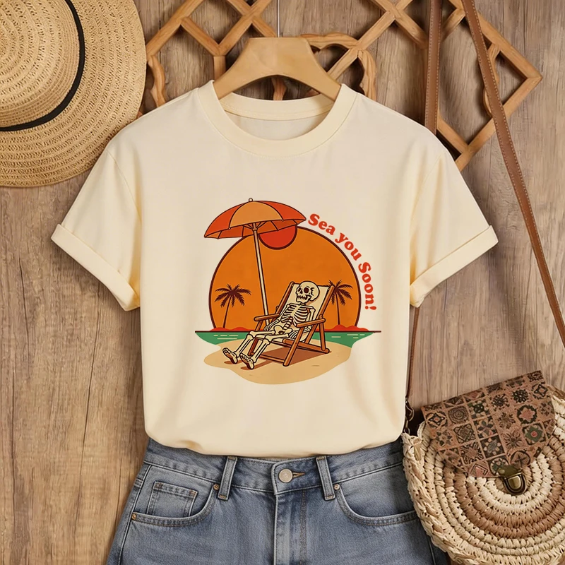 Sunset and Skeletons Print Tshirt for Woman Funny Summer Women's T-shirt Girl Casual Short Sleeve O Neck Tee Tops Female Clothes