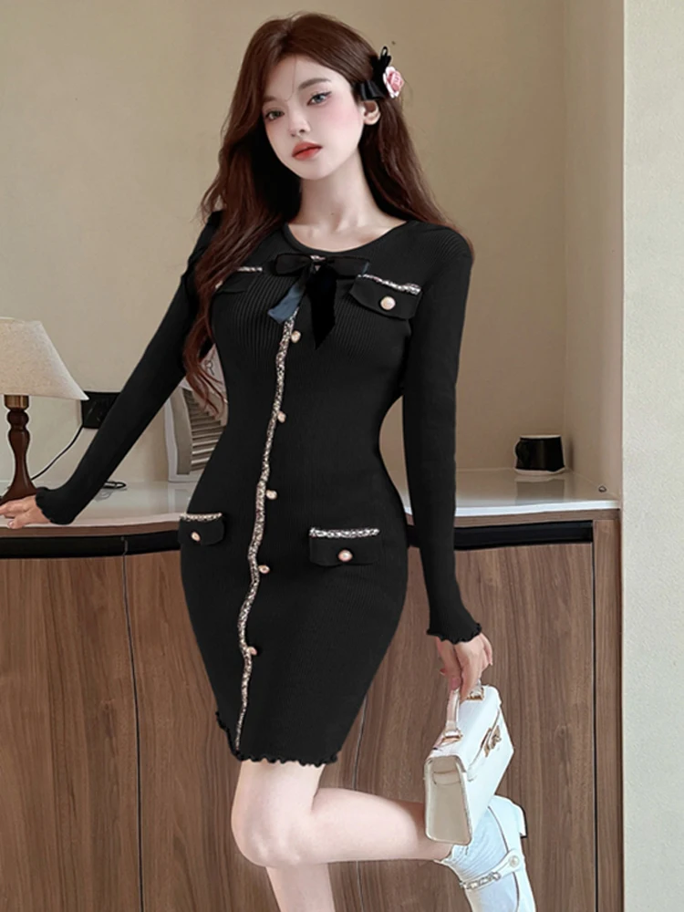 Lente Elegante Mode Effen Kleur Breien Jurk Vrouwelijke Temperament Vrouwen Zoete Boog O-hals Lange Mouw Bodycon Jurk Vestidos