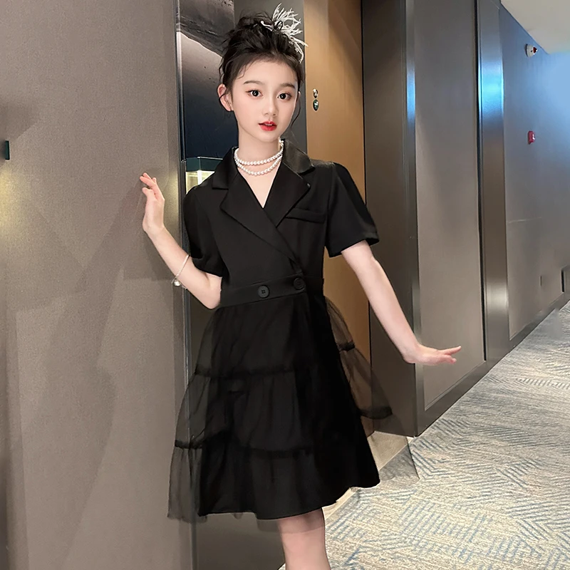 110-180 frock for teenage girls Suit mesh dress 4 6 8 10 12 14 16 17 18 20 black junior princesas elegant knee length dresses