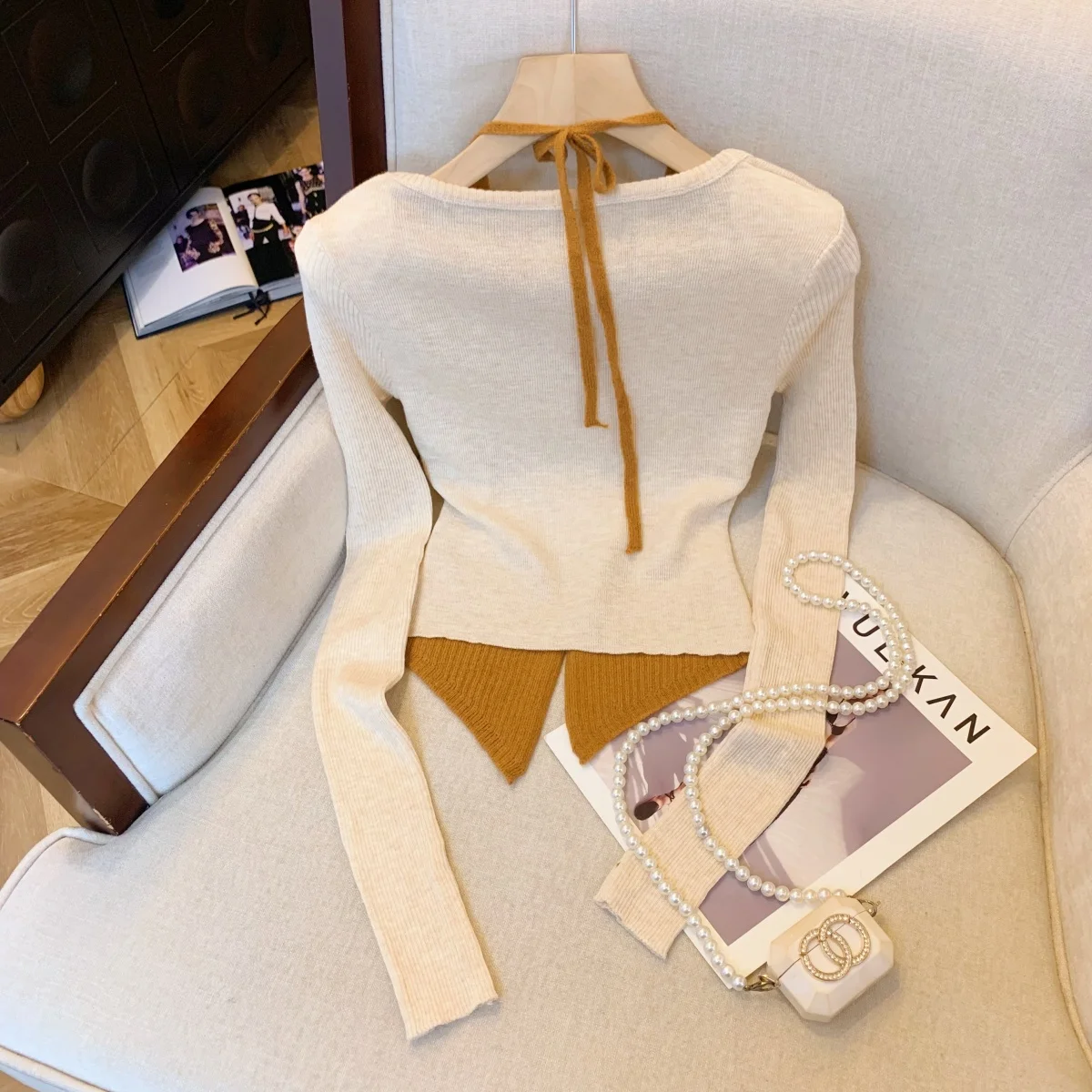 Sweet Sle Pull tricoté pour femme avec ceinture à Ne et fente asymétrique pour l'automne et l'hiver Blanc Améliorant Long Sve...