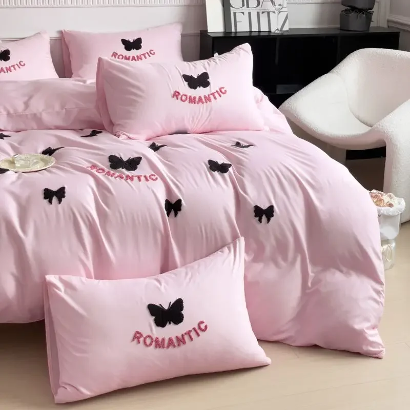 

Ins Cartoon Butterfly Bedding Set Towel Embroidery Duvet Cover Flat Sheet Washed Cotton Quilt Cover Pillowcases Girls Bed Linens