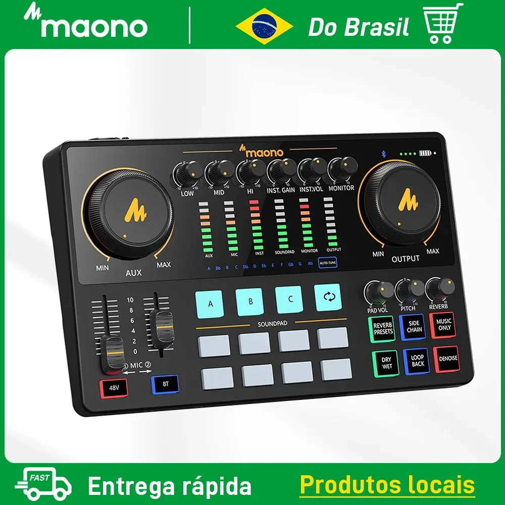 Controlador de Som MAONO AME2, Mixer DJ, Placa de Som com Entrada de Microfone XLR/6.35+3.5mm, Equipamento Portátil para Gravação em Estúdio e Streaming Ao Vivo