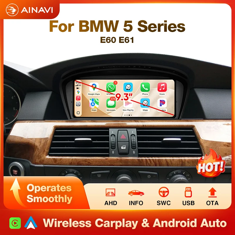 AINAVI Wireless CarPlay Android Auto 9,3 Zoll Touchscreen Linux Autoradio Stereo Multimedia-Player Head Unit Bluetooth Navigation Kompatibel mit BMW 3er 5er Serie E90 E91 E92 E93 E60 E61 E62 E63 CCC